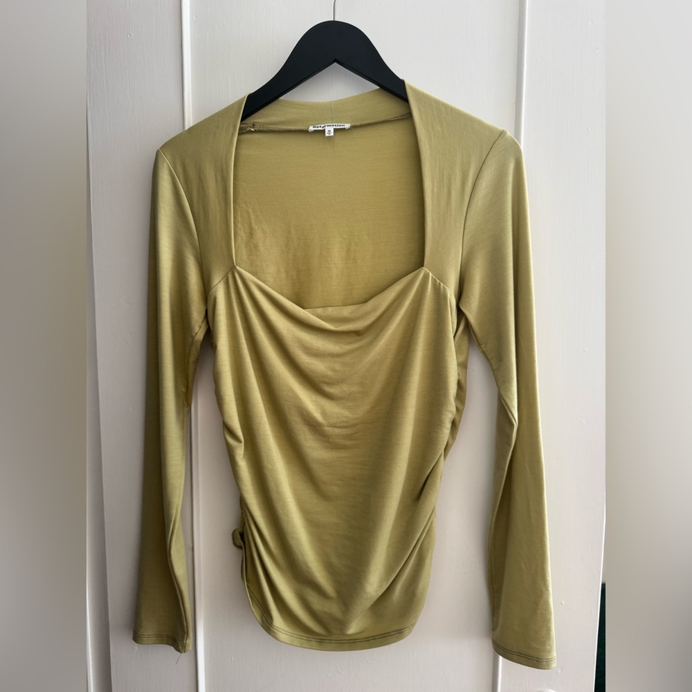 Reformation Olive Green Long Sleeve Draped Neck Top